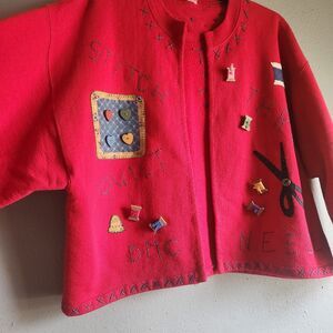 Vintage 90s Sewing Quilting Cardigan Sweater Red Novelty Stitch Quilt Craft